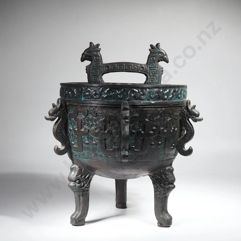 James Mont Ice Bucket w Green Verdigris Patina & Asian Inspired Dragon Motifs  Image 1++