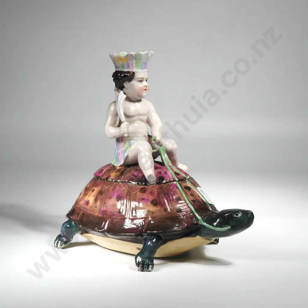 Late Victorian Hard Paste Porcelain Trinket Box - Young Prince Riding a Turtle a/f Image 1++