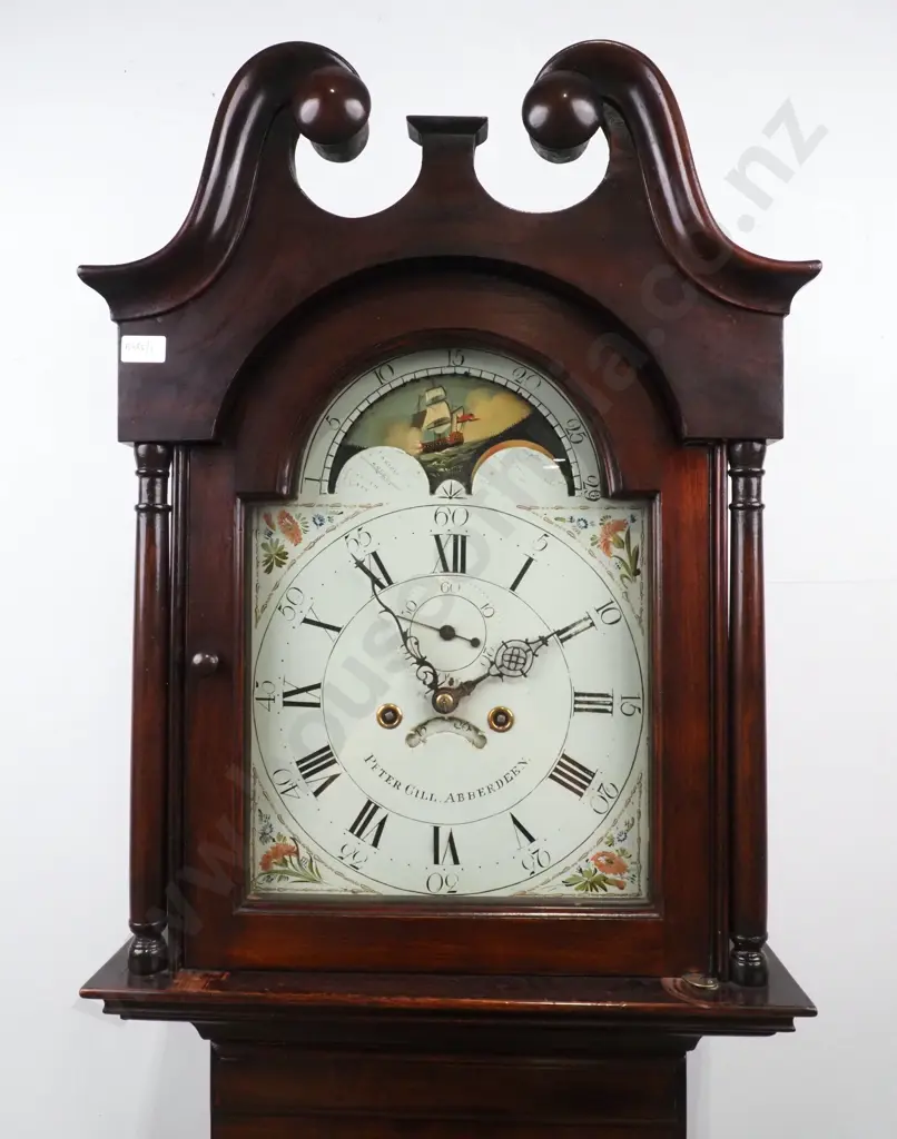 Regency Mahogany Longcase/Grandfather Clock By Peter Gill, Scotland w Painted Dial w Floral Corner Spandrels Image 1++