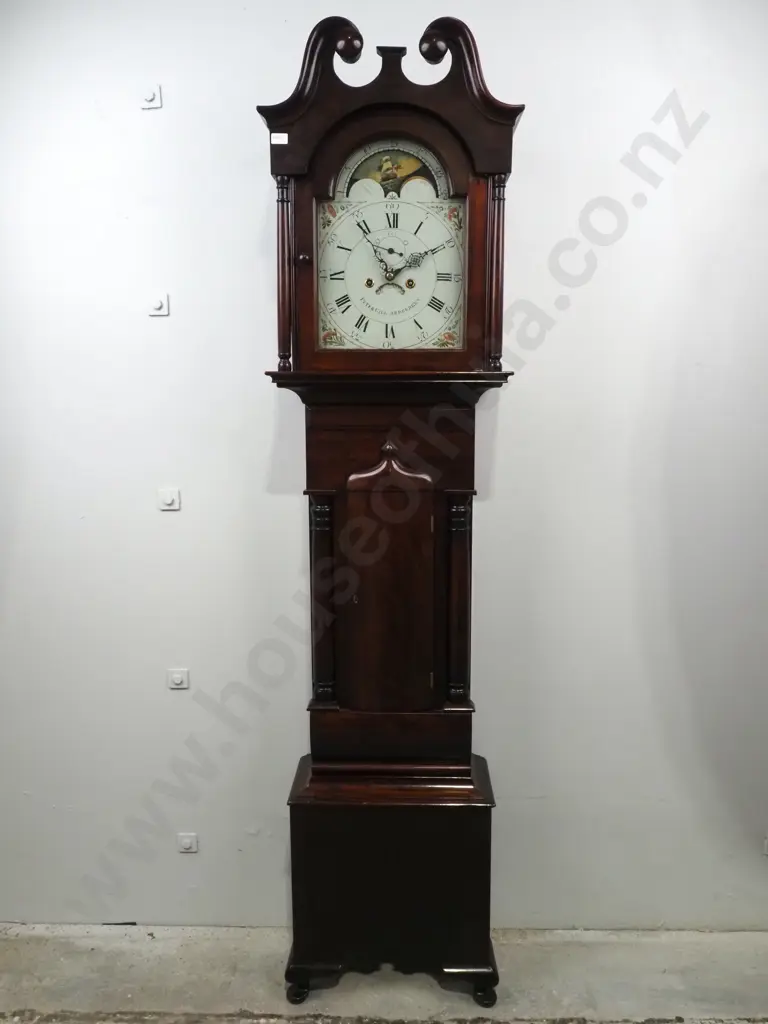 Regency Mahogany Longcase/Grandfather Clock By Peter Gill, Scotland w Painted Dial w Floral Corner Spandrels Image 1++