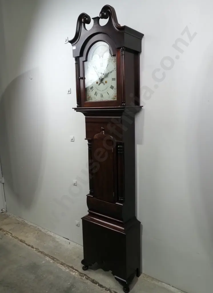 Regency Mahogany Longcase/Grandfather Clock By Peter Gill, Scotland w Painted Dial w Floral Corner Spandrels Image 1++