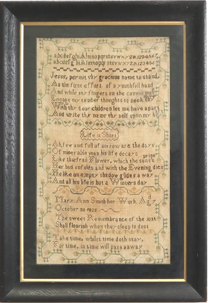 Georgian  Needlework Sampler by Mary Ann Smith, Aged 7  Dated 1828 w Moralising Verses About Life & Death Image 1++