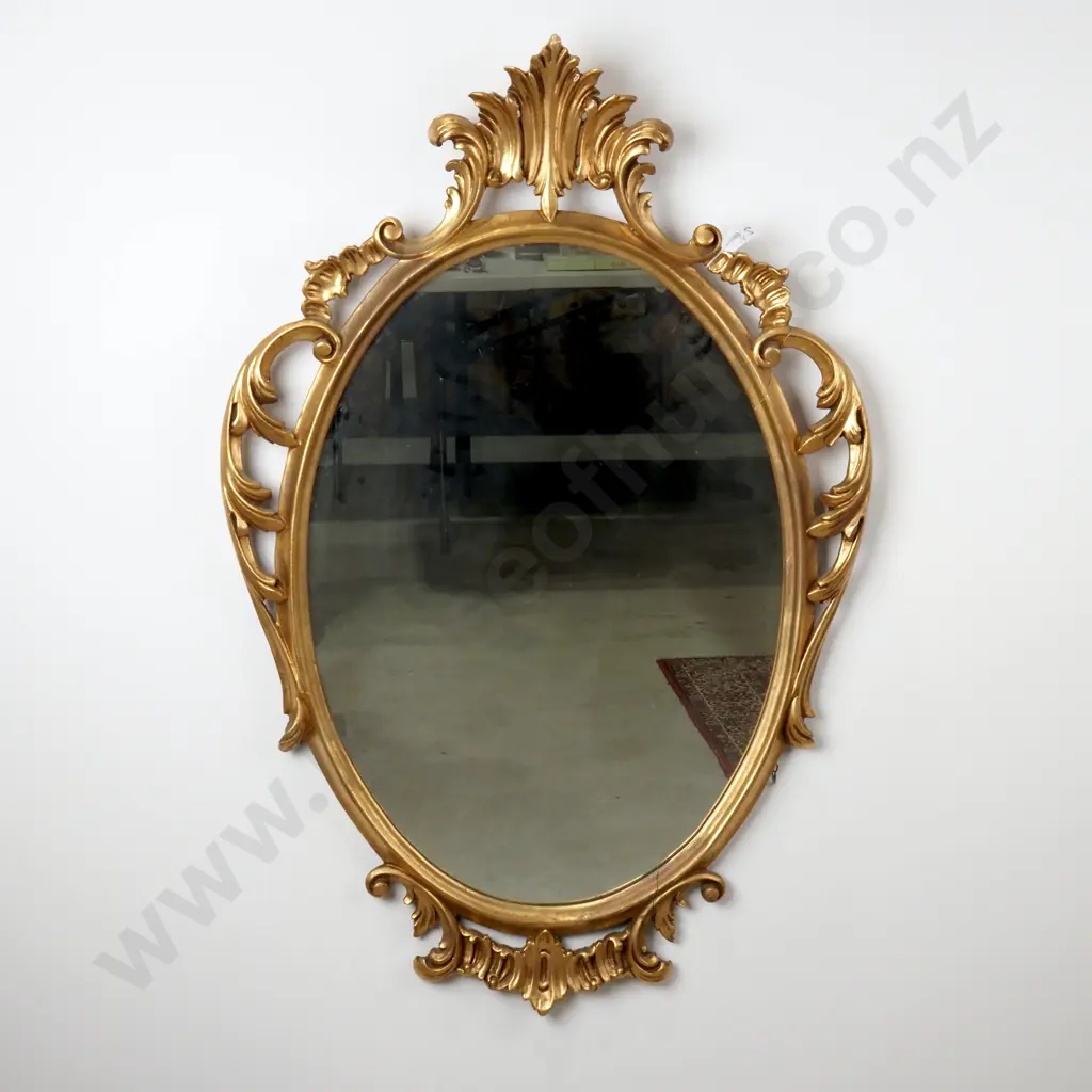 Large Antique  Gilt Wood Oval Wall Mirror w CarvedScroll  Frame Image 1++