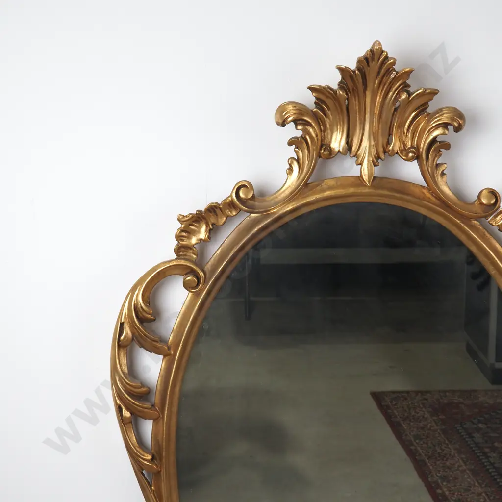 Large Antique  Gilt Wood Oval Wall Mirror w CarvedScroll  Frame Image 1++