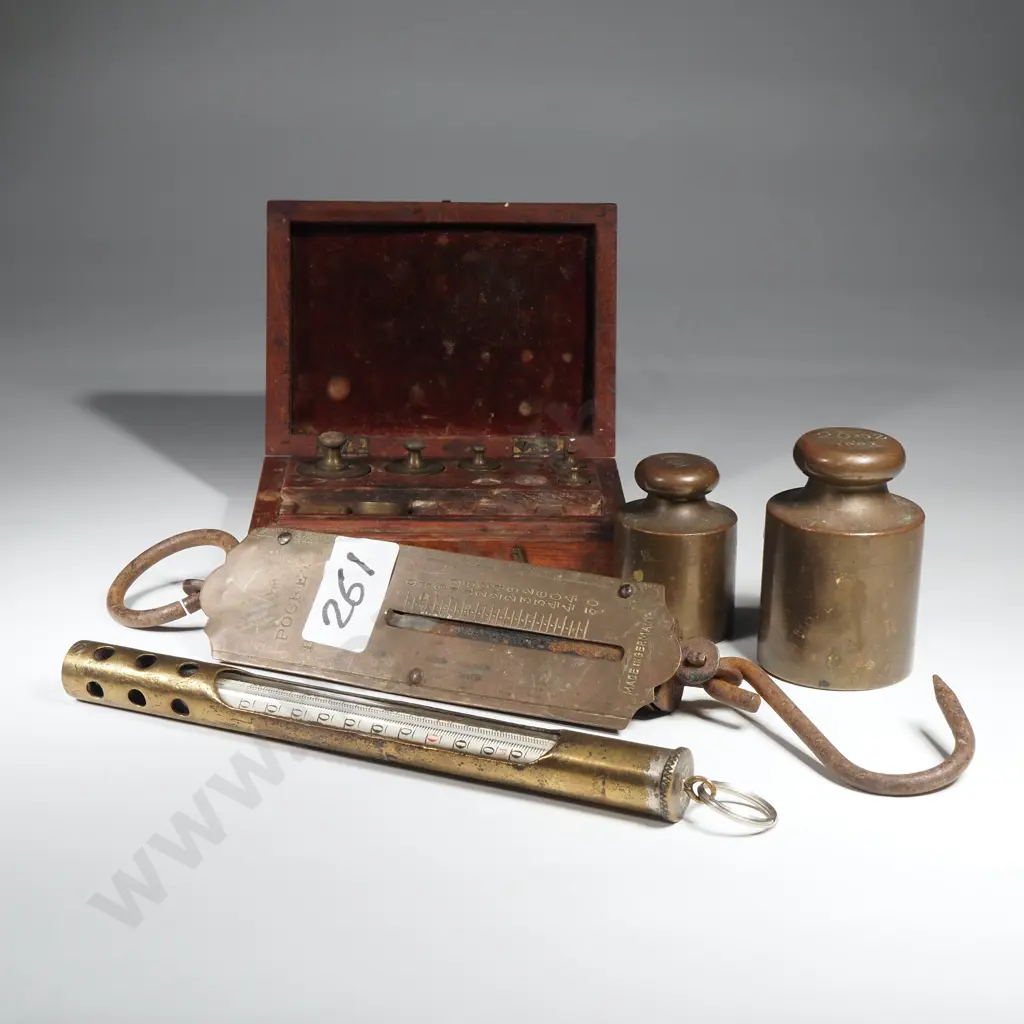 Collection Of Weighing Scales Comprising Pocket Scale, Wooden Box w Weights , Brass Weights & Hanging Thermometer Image 1++