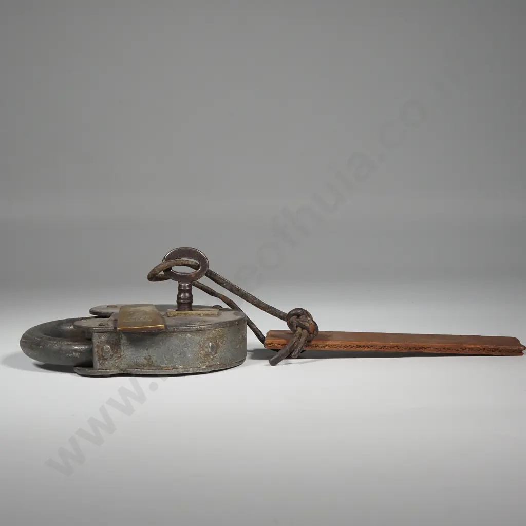 Antique Iron & Brass Padlock Featuring A Brass Plate w the Text "Rege Trade Mark Britannia"  Image 1++