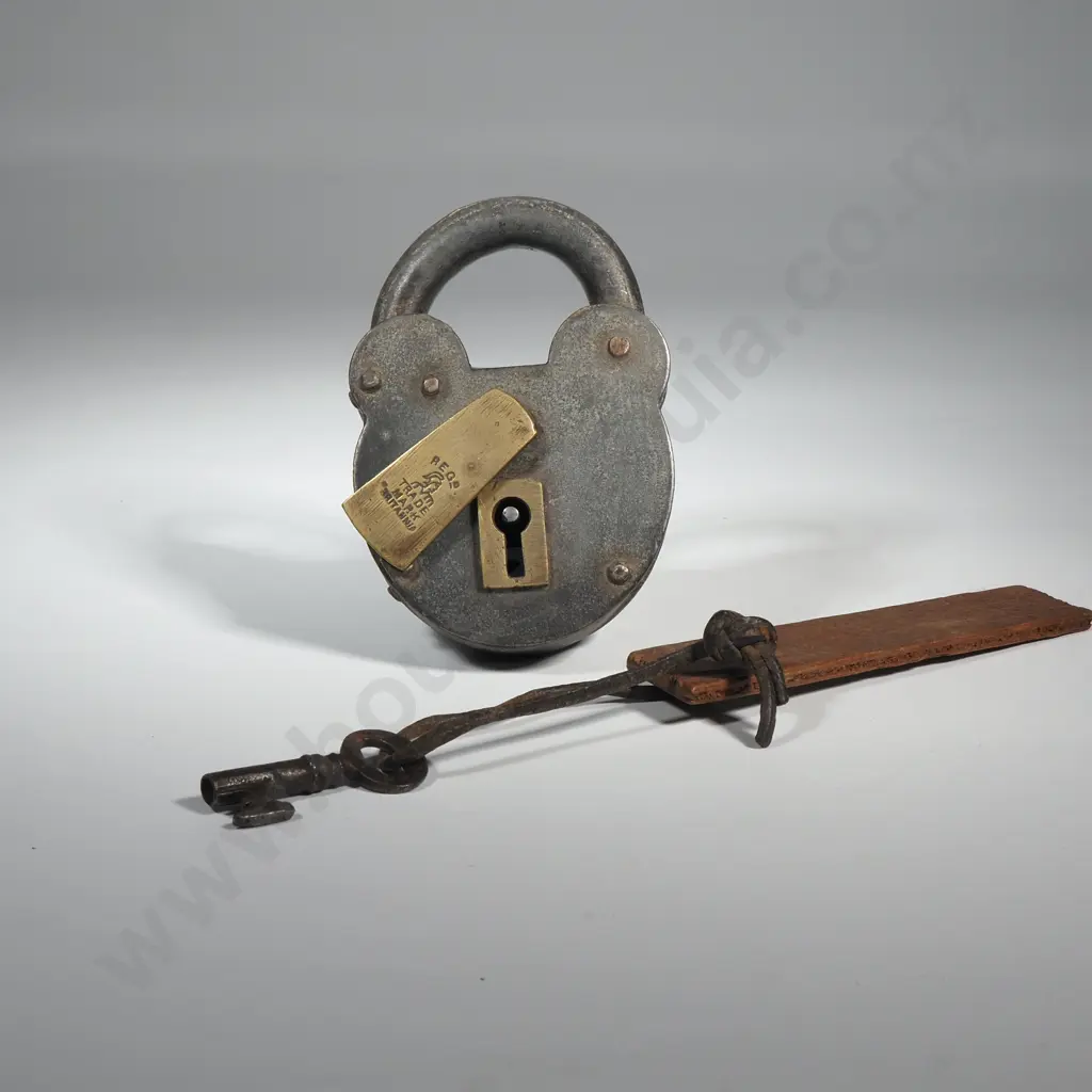 Antique Iron & Brass Padlock Featuring A Brass Plate w the Text "Rege Trade Mark Britannia"  Image 1++