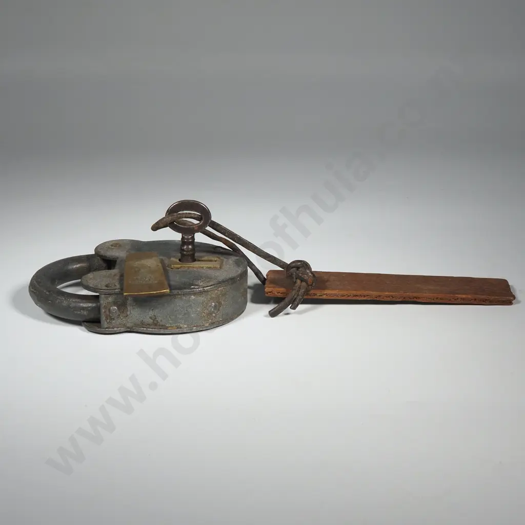 Antique Iron & Brass Padlock Featuring A Brass Plate w the Text "Rege Trade Mark Britannia"  Image 1++