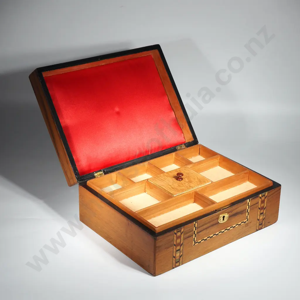Victorian Inlaid Walnut Tunbridge Ware Jewellery/Sewing Box with Inlaid Bands Of Colour & Brass Eschutcheons Image 1++