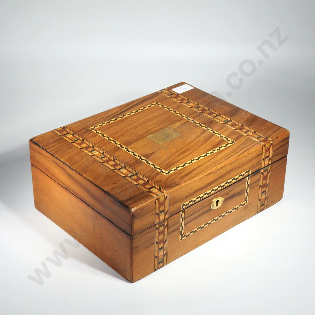 Victorian Inlaid Walnut Tunbridge Ware Jewellery/Sewing Box with Inlaid Bands Of Colour & Brass Eschutcheons Image 1++