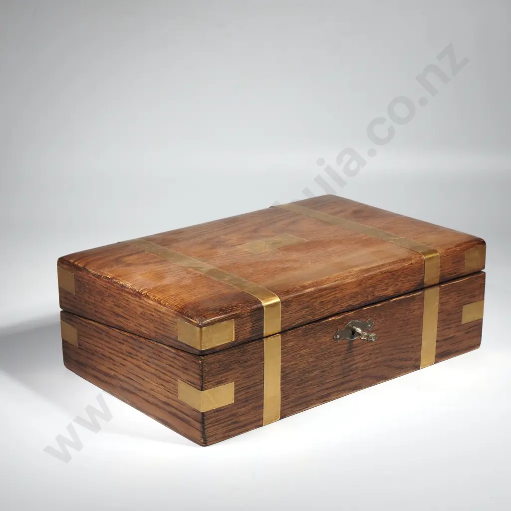 Antique Oak Brass Bound Writing Desk with Tooled Leather Slope & Of Small Proportions. Complete with Inkwells Image 1++