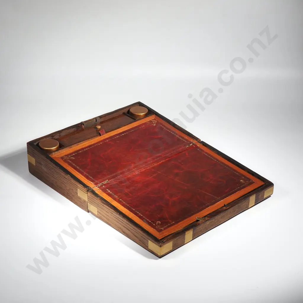 Antique Oak Brass Bound Writing Desk with Tooled Leather Slope & Of Small Proportions. Complete with Inkwells Image 1++