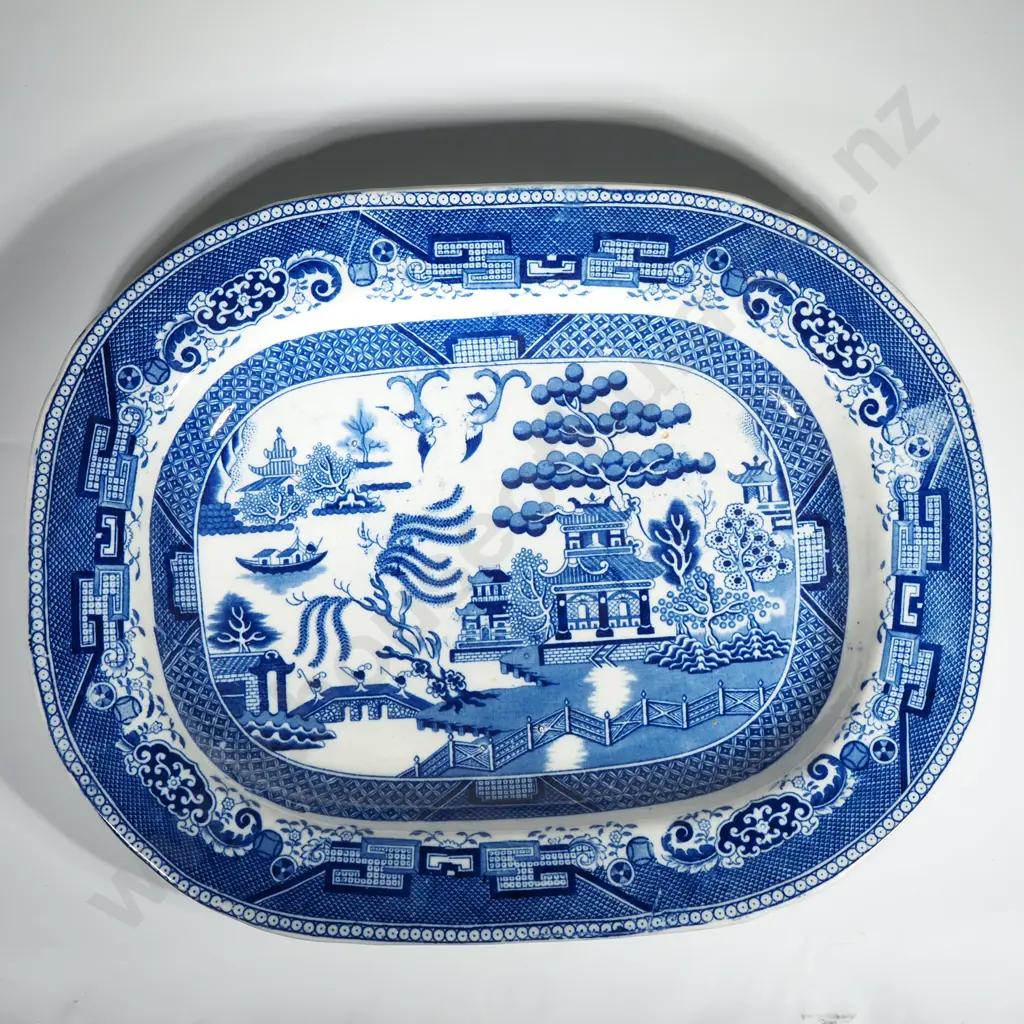 Large Antique Blue & White Willow Pattern Ashet Image 1++