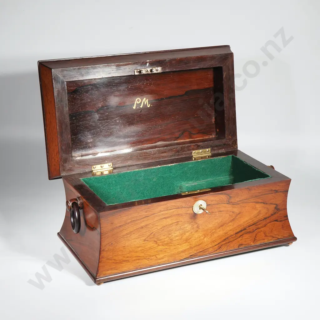 Fine Regency Sarcophagus Shaped Tea Box in Rosewood w Richly Toned Appearance, Ring Handle & MOP Eschutcheon Image 1++