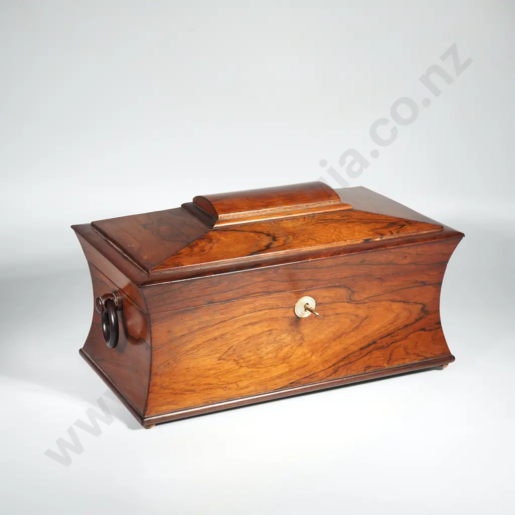 Fine Regency Sarcophagus Shaped Tea Box in Rosewood w Richly Toned Appearance, Ring Handle & MOP Eschutcheon Image 1++