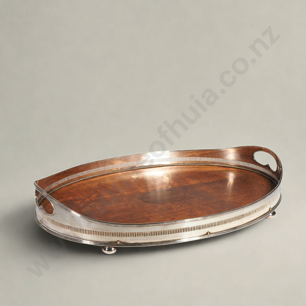 Vintage Large Oval Silver Plated Tray w Oak Base Image 1++