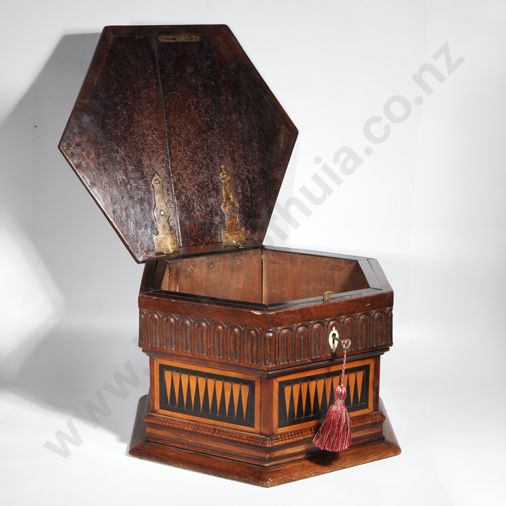 Antique Hexagonal Wooden Sewing Box w Intricate Carved Arch Detailing & Marquetry Inlay Image 1++