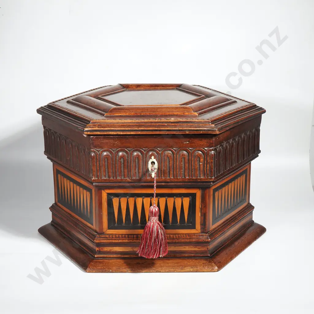 Antique Hexagonal Wooden Sewing Box w Intricate Carved Arch Detailing & Marquetry Inlay Image 1++