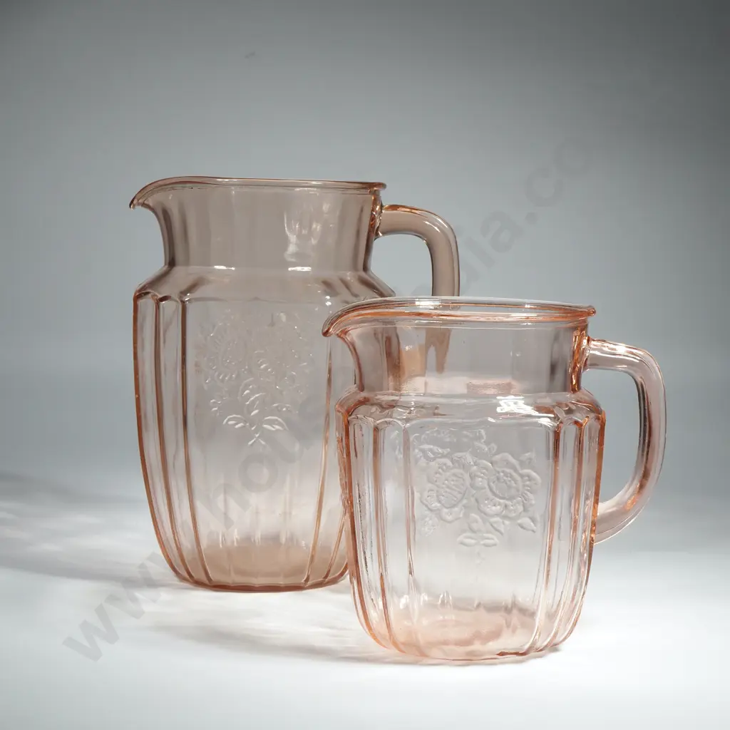 Two Hocking Graduated Pink Depression Glass Jugs In The Mayfair Pattern Image 1++