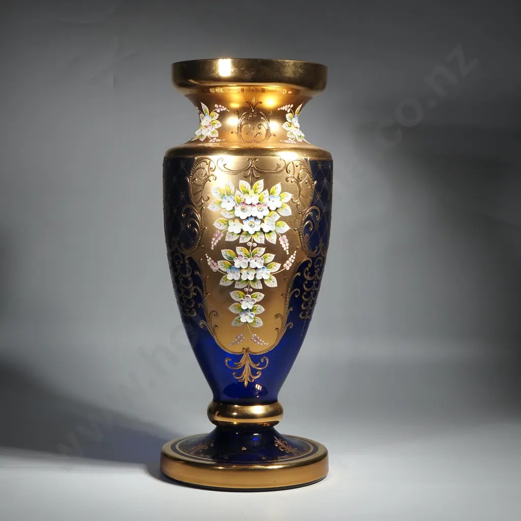 Large Venetian Glass Vase w Applied Floral Decoration & Extensive Gilding Image 1++