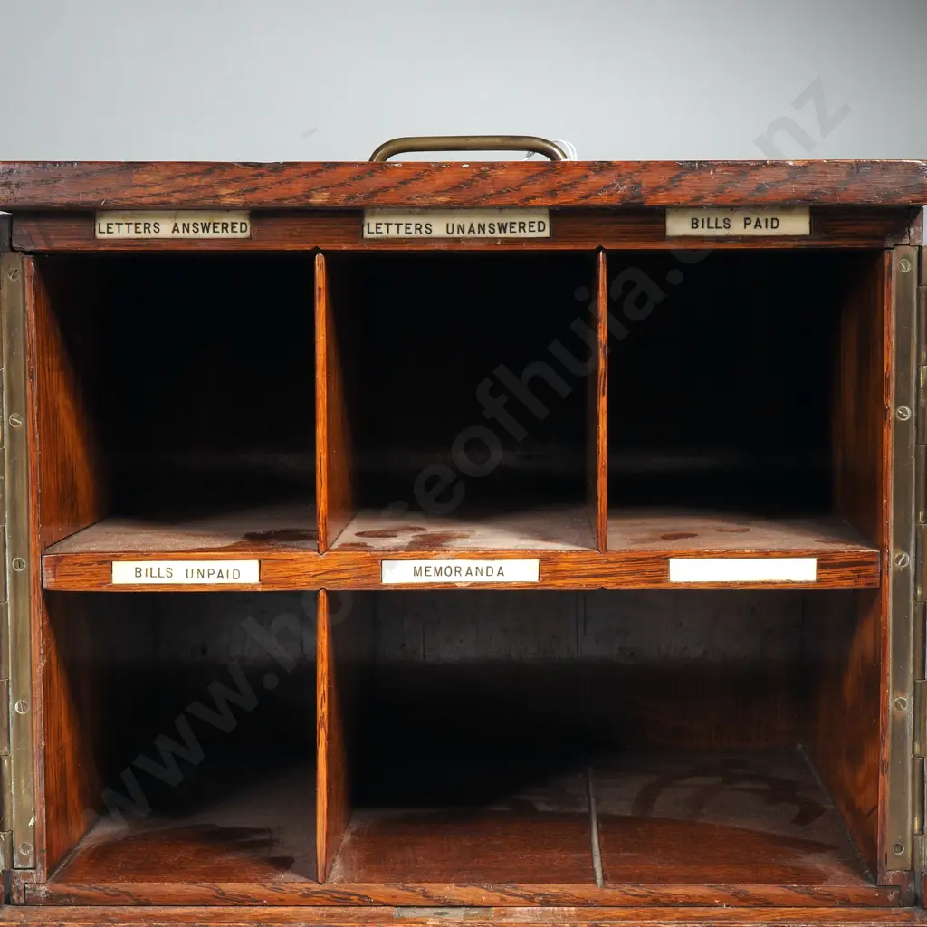 Antique Two Door Oak Desk Organiser Labelled to Hold Bills & Letters w Brass Carrying Handle Image 1++