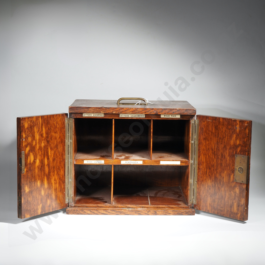 Antique Two Door Oak Desk Organiser Labelled to Hold Bills & Letters w Brass Carrying Handle Image 1++