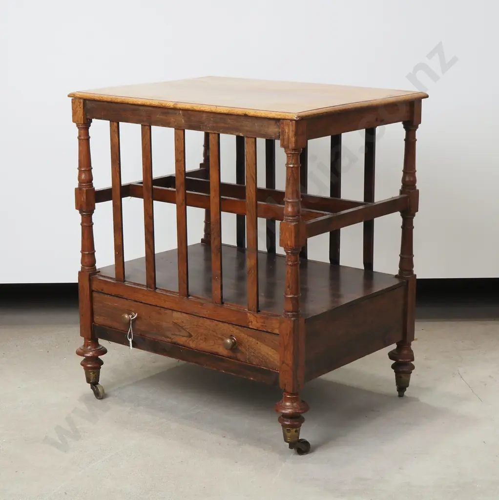 Antique Rosewood Canterbury w Turned Supports & Slats, Lift Up Lid & Drawer to Base Image 1++