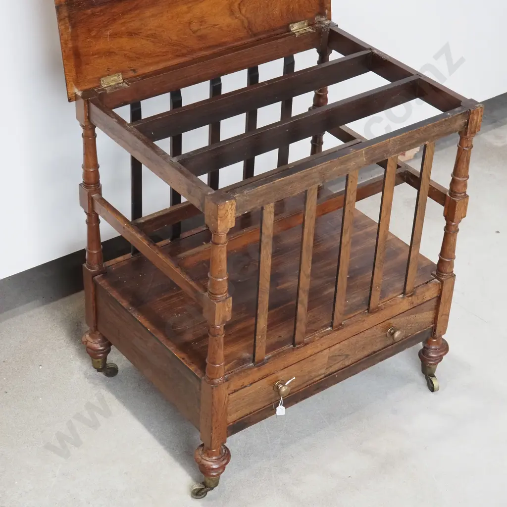 Antique Rosewood Canterbury w Turned Supports & Slats, Lift Up Lid & Drawer to Base Image 1++