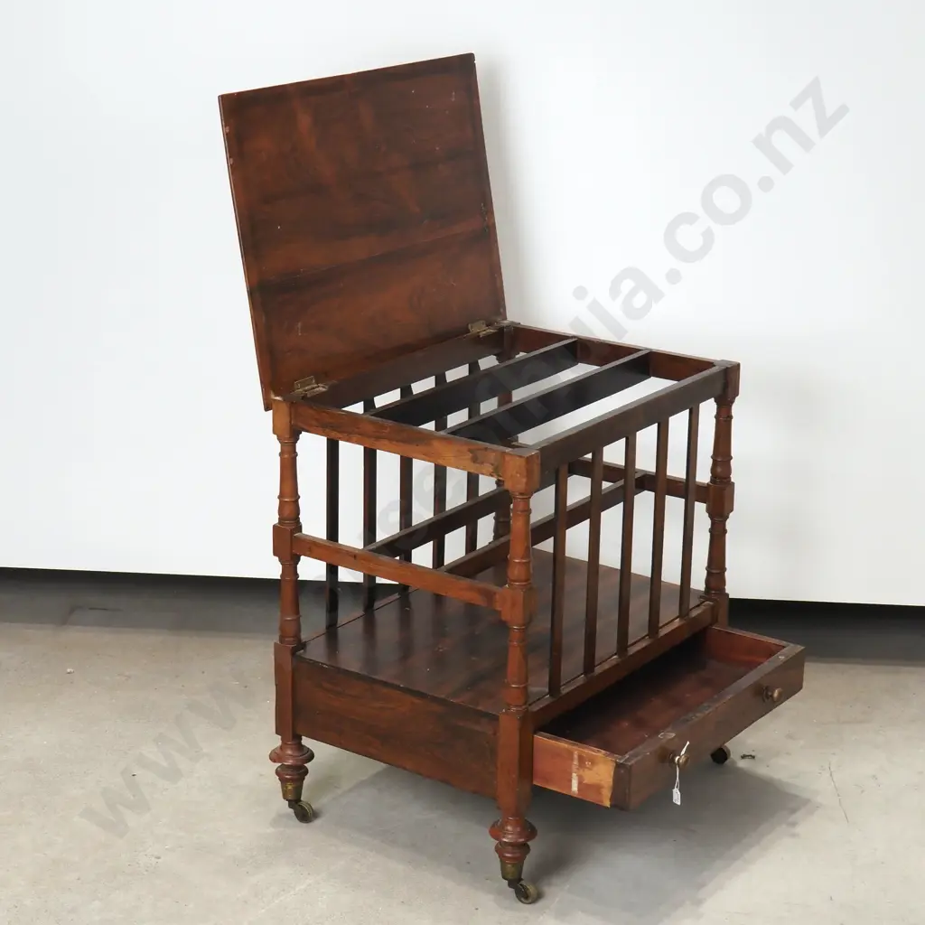Antique Rosewood Canterbury w Turned Supports & Slats, Lift Up Lid & Drawer to Base Image 1++