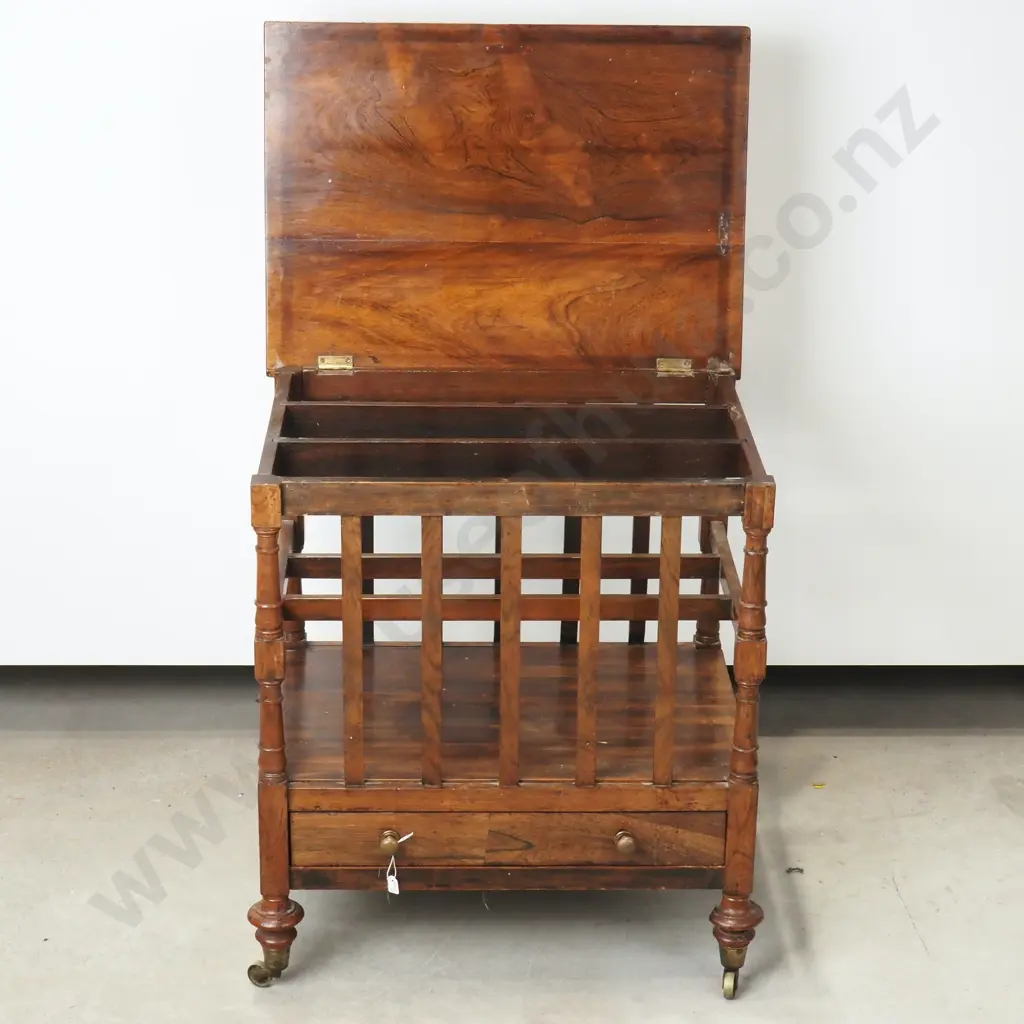 Antique Rosewood Canterbury w Turned Supports & Slats, Lift Up Lid & Drawer to Base Image 1++
