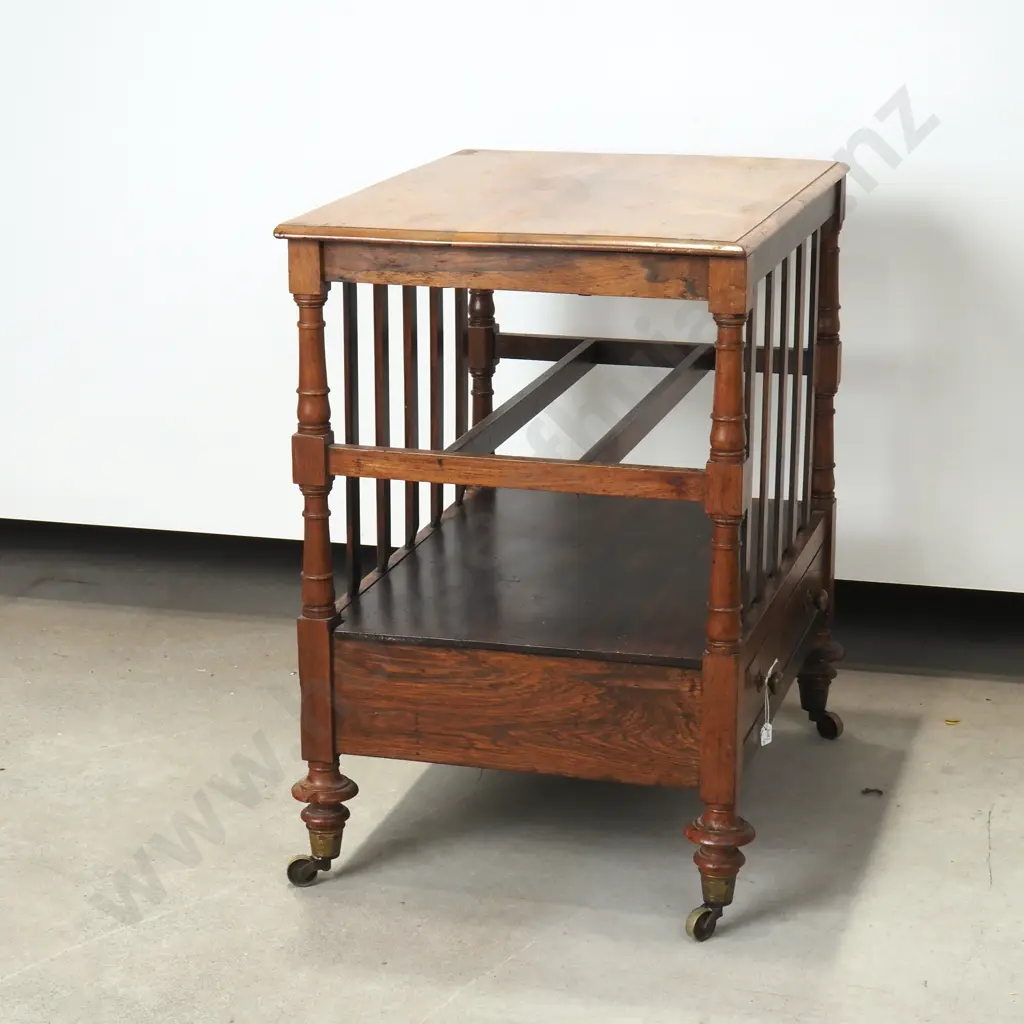Antique Rosewood Canterbury w Turned Supports & Slats, Lift Up Lid & Drawer to Base Image 1++