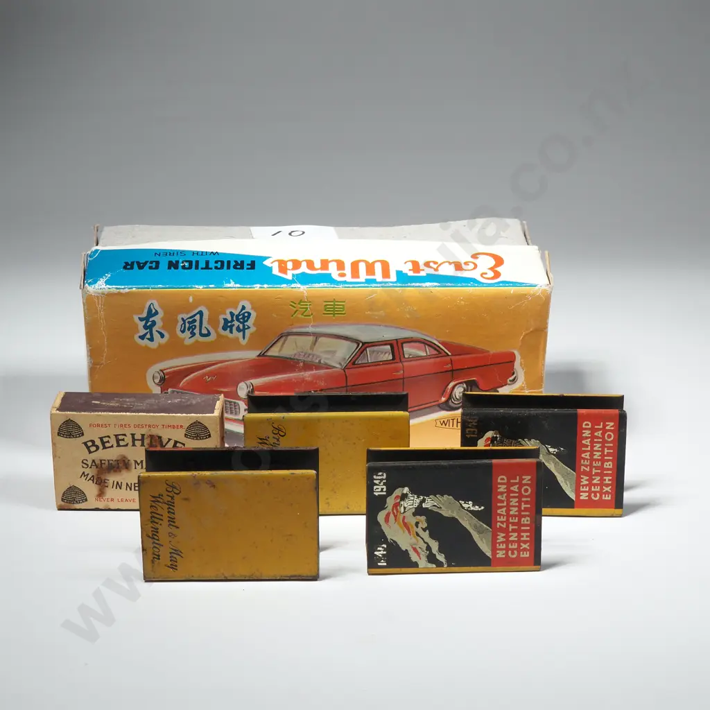 Four 1940 New Zealand Centennial Exhibition Cigarette Covers in Vintage Chinese Toy Car Box Image 1++