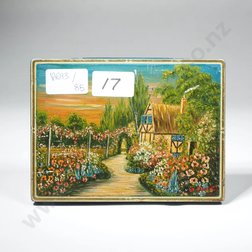 Vintage Tin Handpainted w Scene Depicting A Country Cottage & Garden Image 1++