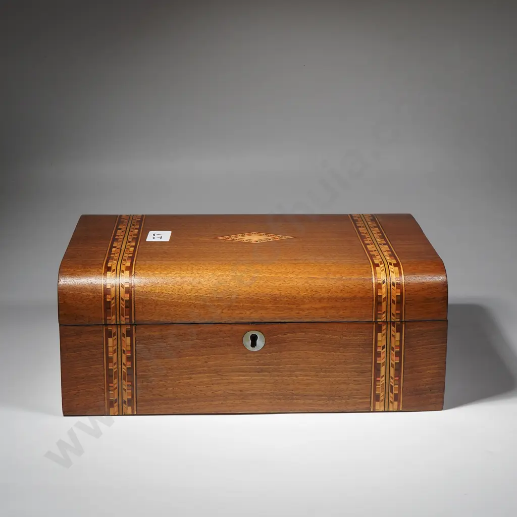 Victorian Walnut Tunbridge Ware Jewellery Box w Dome Shaped Top & Segmented Interior for Jewellery Image 1++