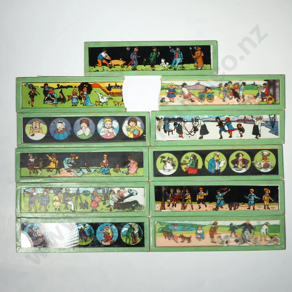 Antique Magic Lantern (an Early Type of Projector) &  Glass Magic Lantern Slides from Germany Depicting Children at Play Image 1++