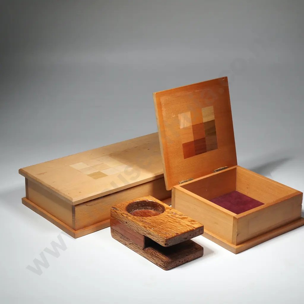 Two NZ Timber  Inlaid Wooden Boxes  & NZ Timber Watch Holder A/F Image 1++