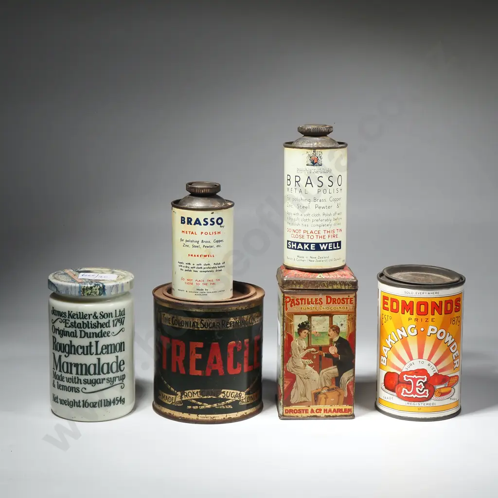 Collection of Vintage Tins Including a Dutch Cacao Tin "Droste's Cacao", Edmonds Baking Powder, Brasso & Treacle Tins Image 1++