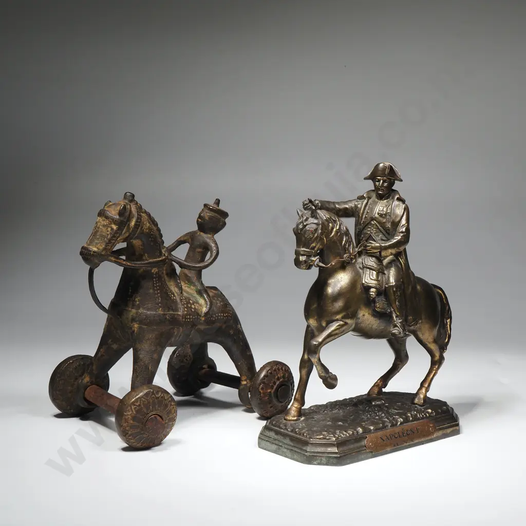 Brass Figure of Napoleon Astride his Horse 7 An Bronzed Toy Horse on Wheels Image 1++