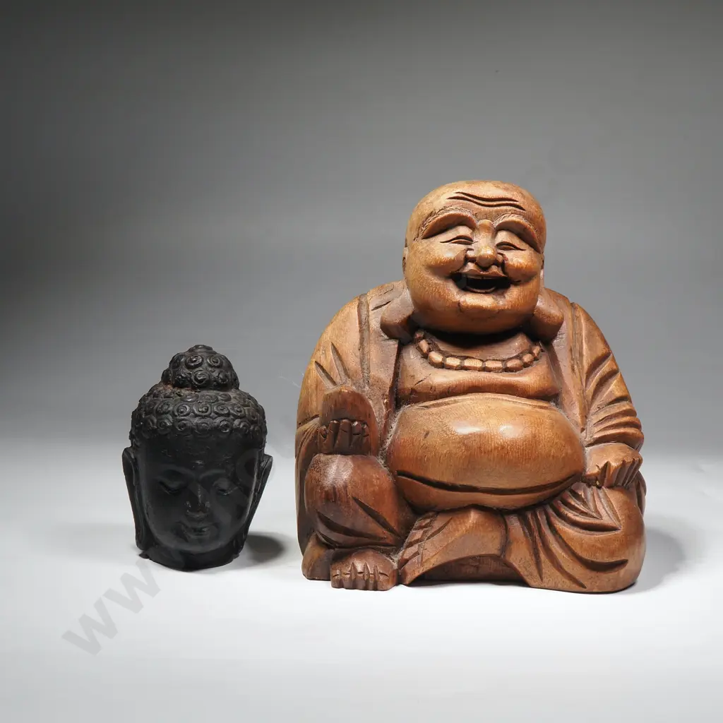 Wooden Laughing Buddha & Bronze 'Snail Head' Buddha Figure Image 1++