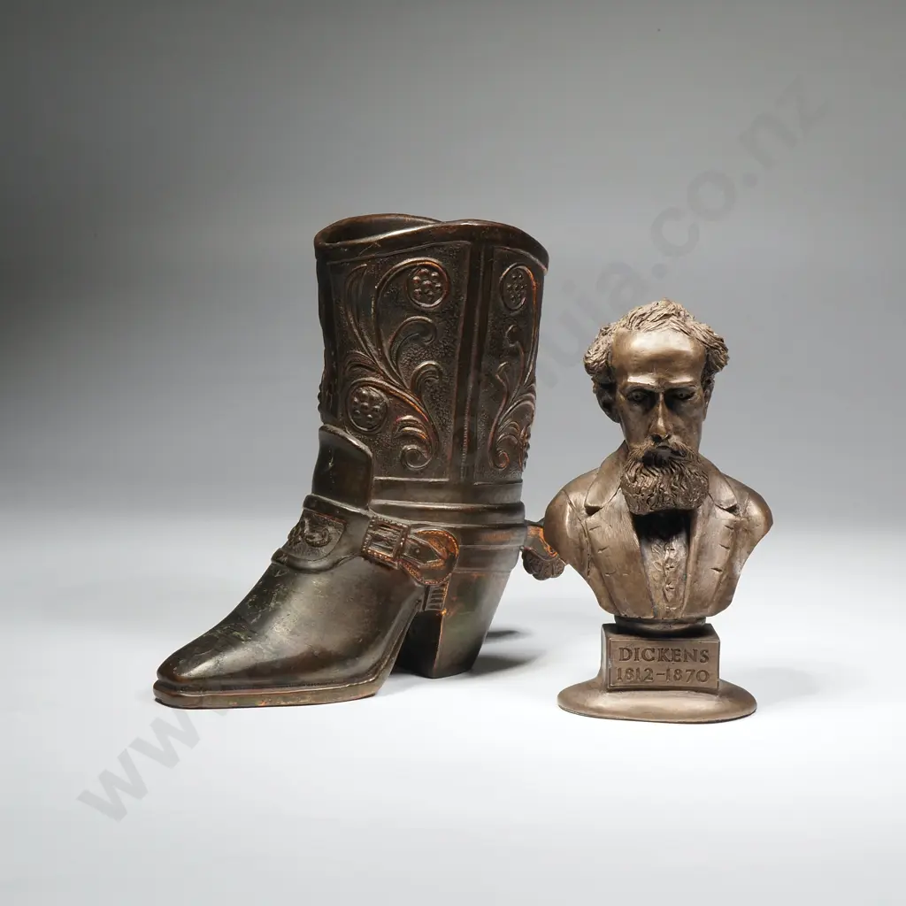 Copper Cowboy Boot w Spurs & a Small Bronzed Bust of Charles Dickens by Cowley Fine Art Image 1++