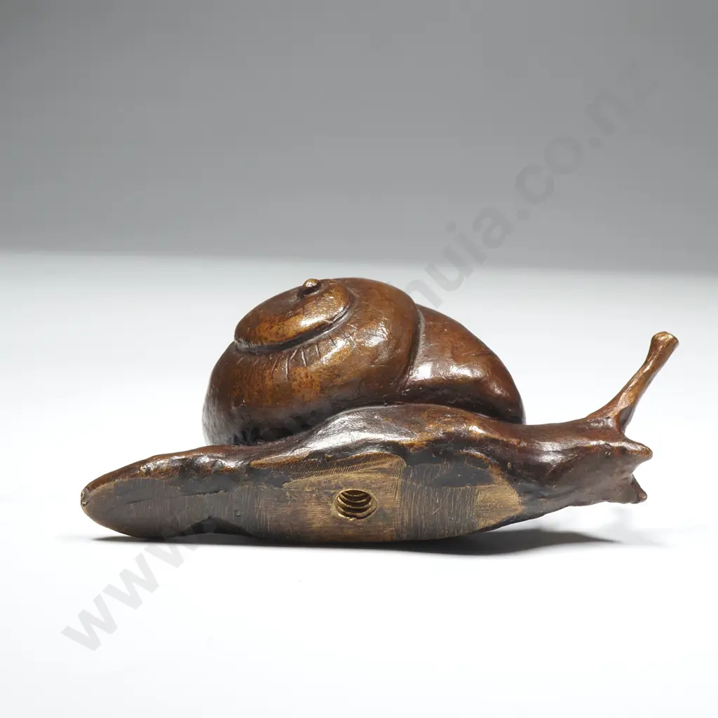 Small Bronze Snail & Small Wooden Pouch/ Box from an Opticians Image 1++