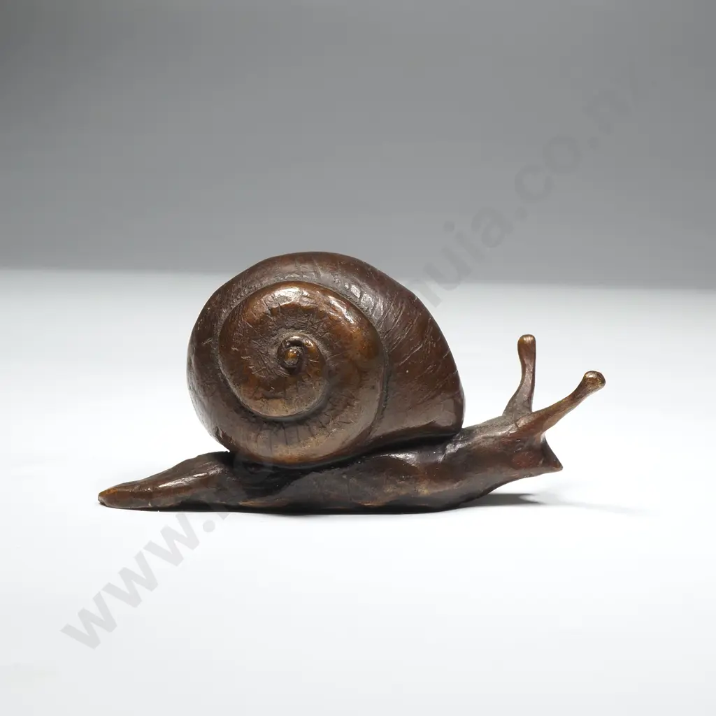 Small Bronze Snail & Small Wooden Pouch/ Box from an Opticians Image 1++