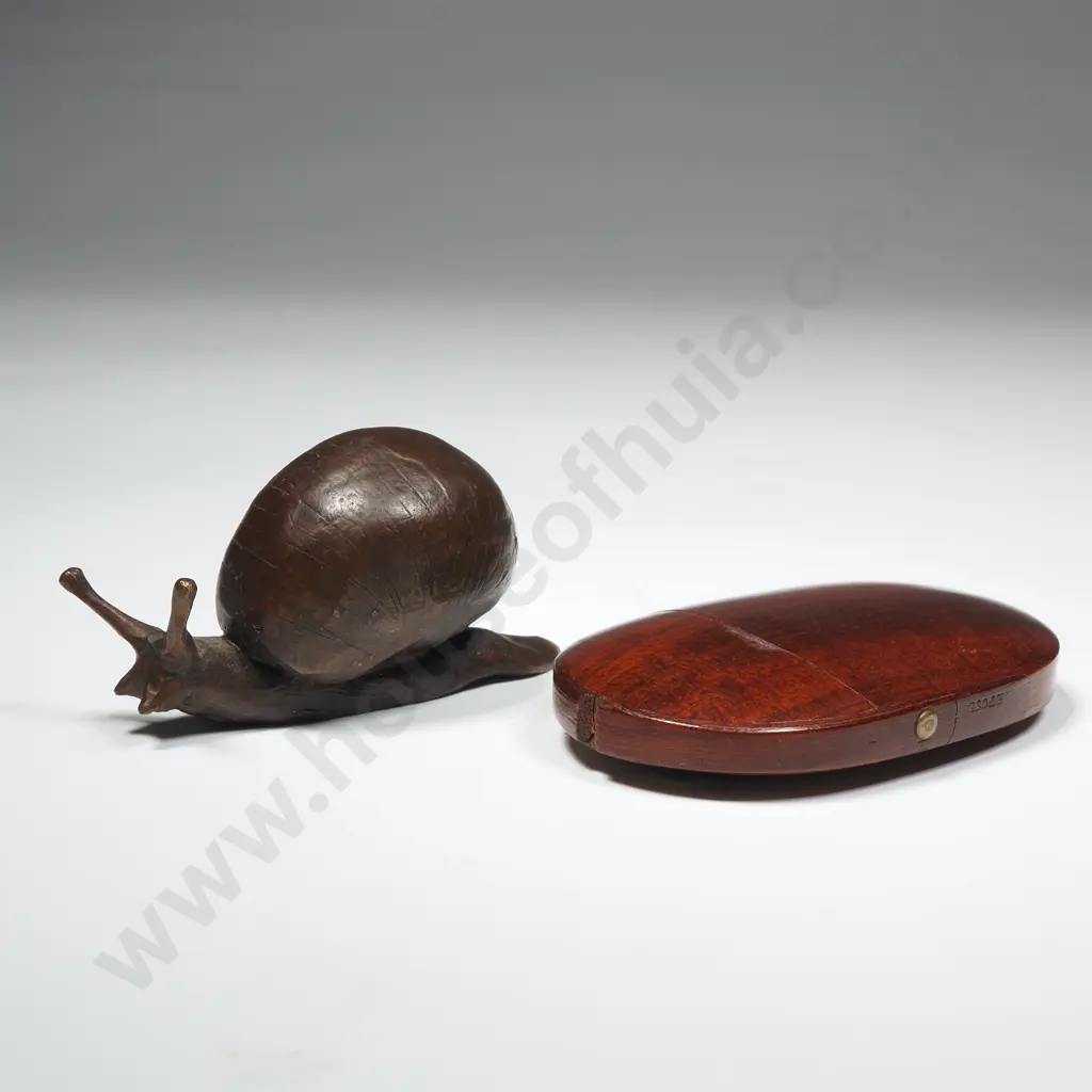 Small Bronze Snail & Small Wooden Pouch/ Box from an Opticians Image 1++