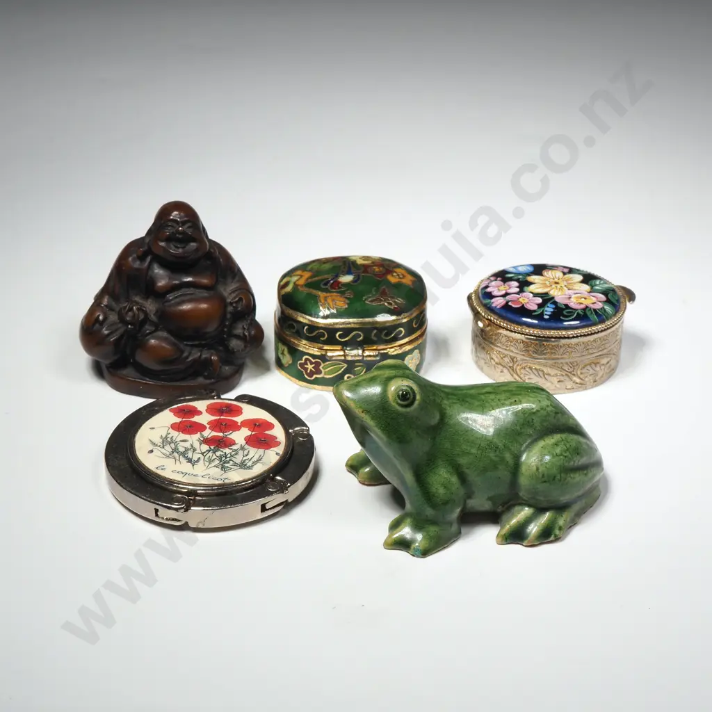 Small Cloisonne Pill Box, Mosaic Pill Box, Small Green Ceramic Frog, Small Wooden Okimono & Magnetic Hook Image 1++