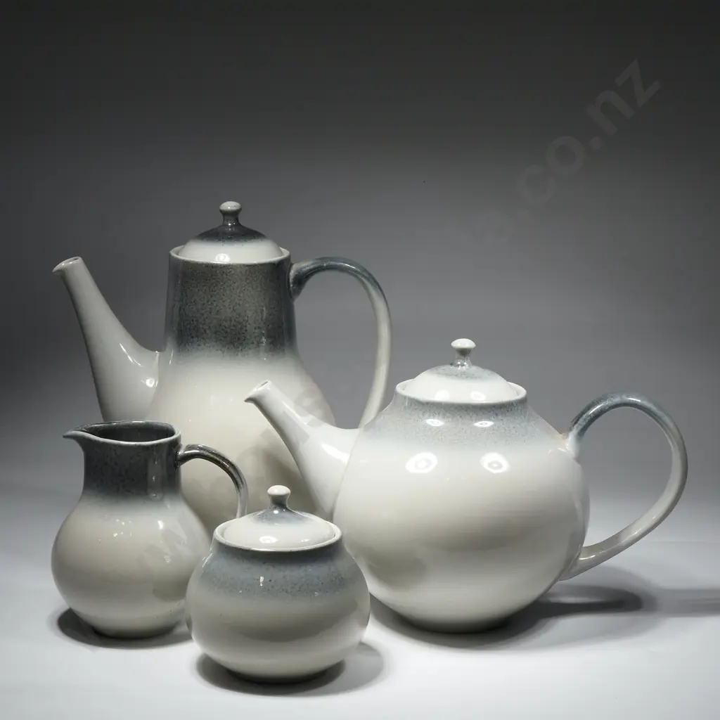 Two Tone Grey & White Temuka Pottery Tea & Coffee Set Comprising Teapot, Coffee Pot, Sugar & Creamer Image 1++