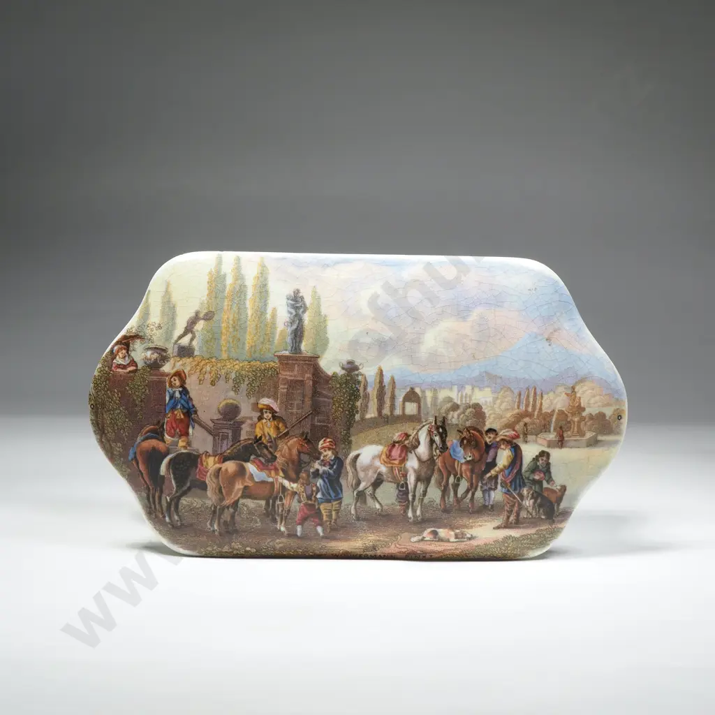 Prattware Pot and Lid of  Lozenge Shaped Form, Painting After Philips Wouwerman, Hunting Scene Titled 'Wouwerman Pinx' Image 1++