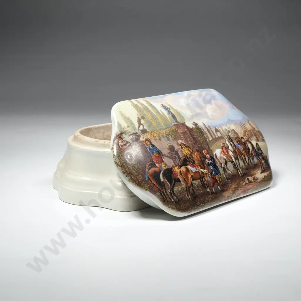 Prattware Pot and Lid of  Lozenge Shaped Form, Painting After Philips Wouwerman, Hunting Scene Titled 'Wouwerman Pinx' Image 1++