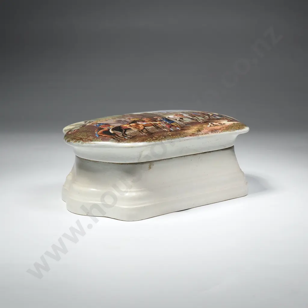 Prattware Pot and Lid of  Lozenge Shaped Form, Painting After Philips Wouwerman, Hunting Scene Titled 'Wouwerman Pinx' Image 1++