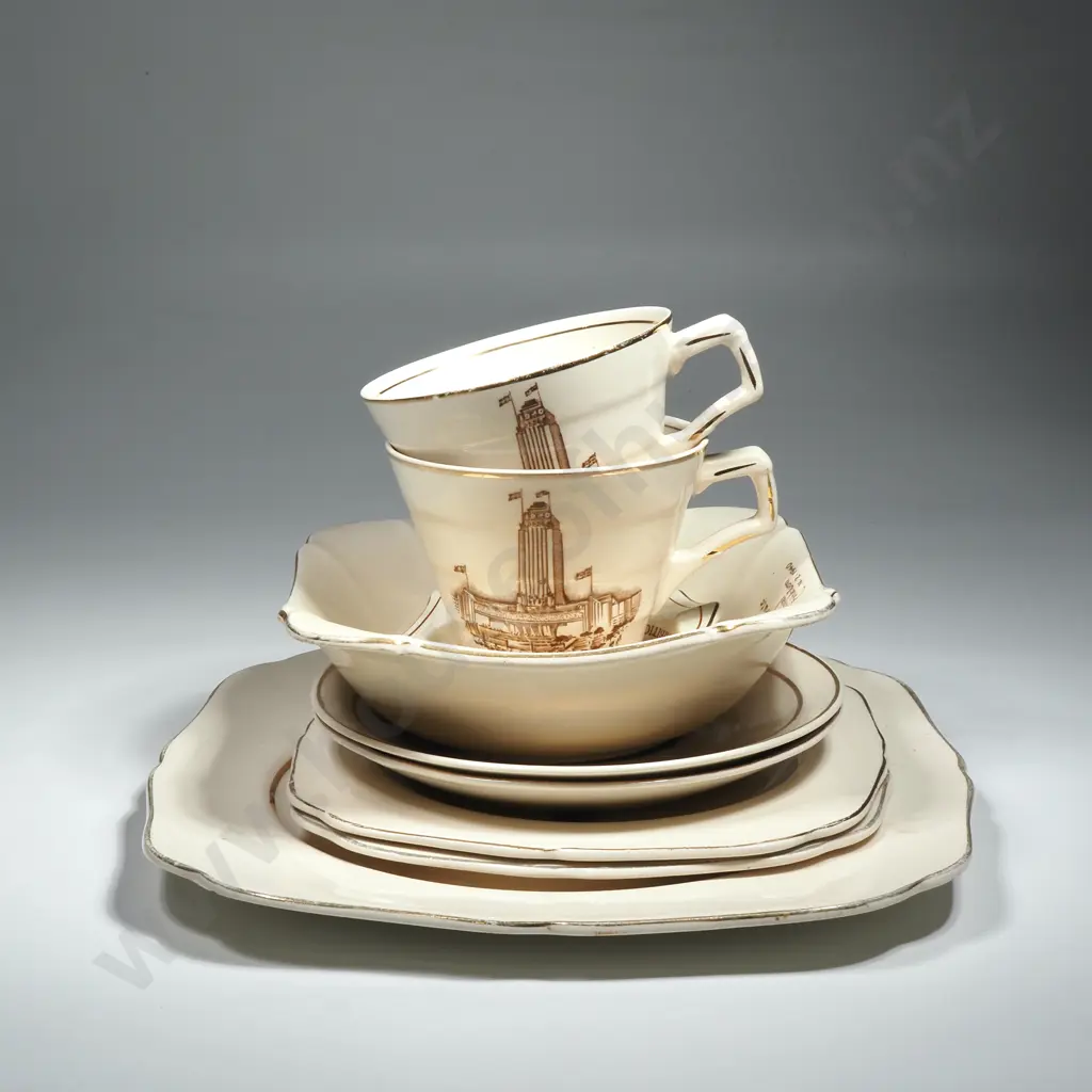 NZ Centennial Exhibition Of NZ China - Pair Of Cups, Saucers & Plates & Ashtrays & a Cake Plate Image 1++