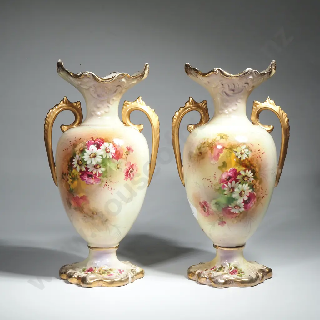 Two Antique Thomas Forrester & Son Double Handled Vase Decorated w Flowers Both Damaged & Repaired Image 1++